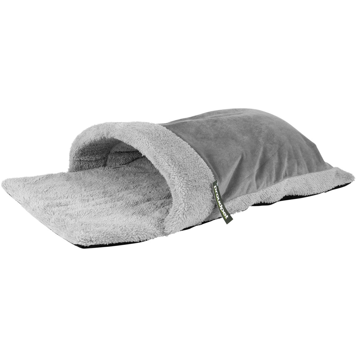 A gray plush pet tunnel bed with a soft fleece interior and a small black brand tag on the side, shown on a plain white background.