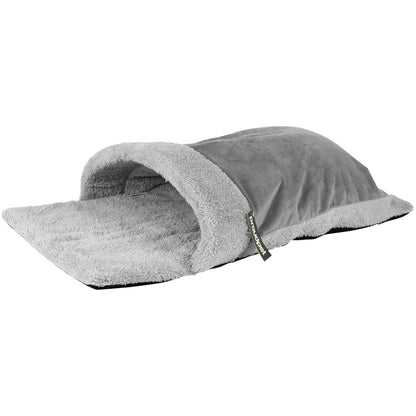 A gray plush pet tunnel bed with a soft fleece interior and a small black brand tag on the side, shown on a plain white background.