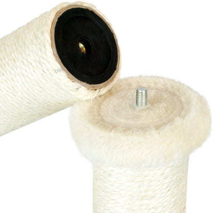 Close-up of a cat tree post showing the wrapped sisal rope shaft, metal mounting screw, and fluffy cream faux-fur top on a white background.