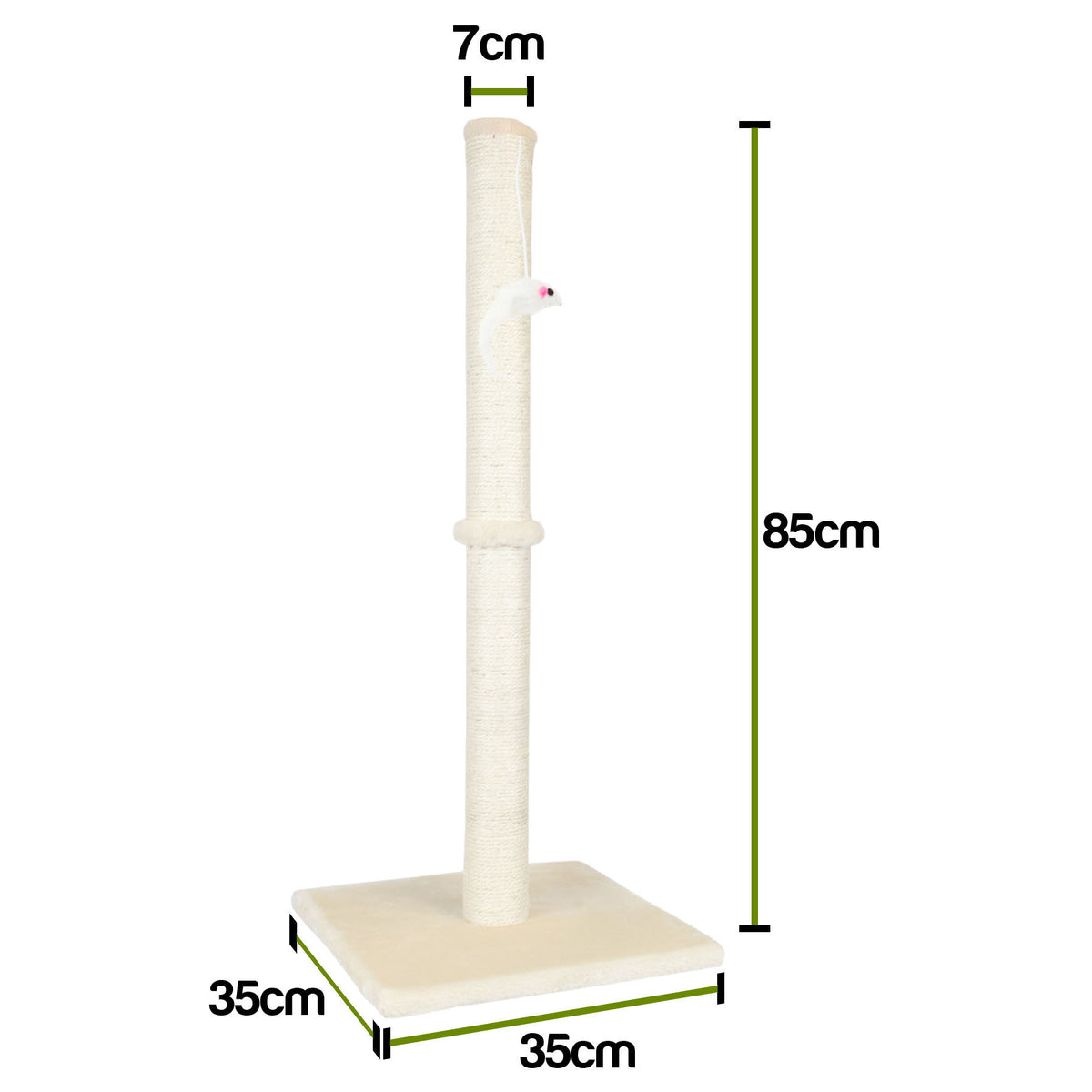 A tall cat tree with a square base, wrapped vertical post, and small hanging toy, shown on a white background with dimension labels indicating 85cm height, 7cm width, and 35cm base size.