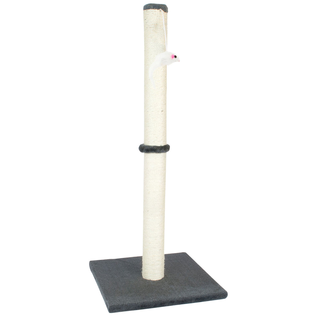 A cat scratching post with a tall, cylindrical sisal-wrapped pole, a dark gray base, and a small white mouse toy with a pink eye attached near the top.