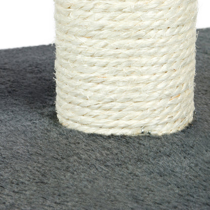 Close-up of a cylindrical cat scratching post wrapped in off-white sisal rope, standing on a dark gray textured carpet against a white background.
