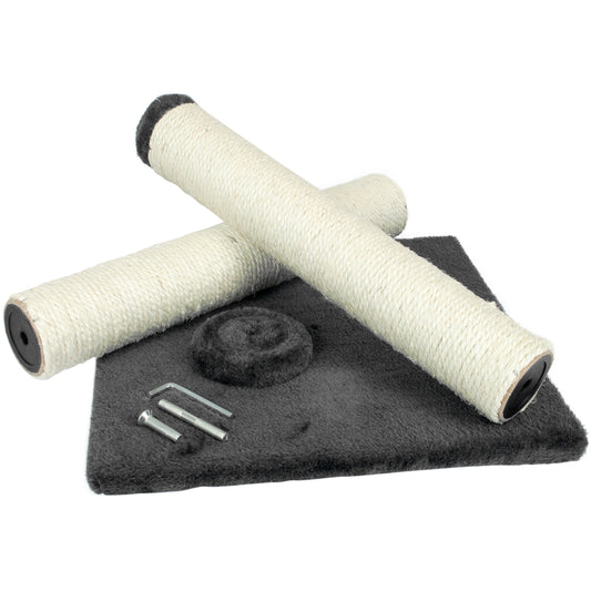 A cat scratching post kit featuring two cylindrical posts wrapped in off-white sisal rope with black tops, a black felt scratching pad, mounting hardware, and a black base platform, shown on a white background.