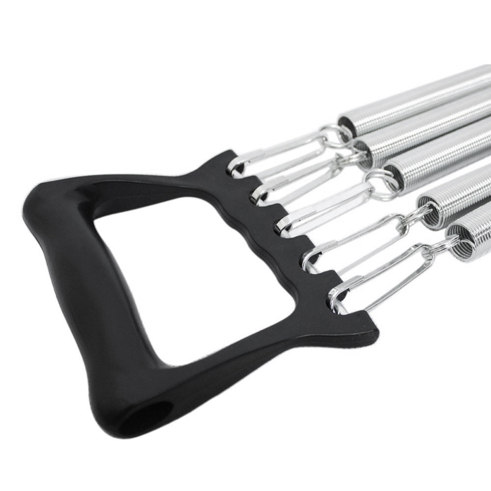 A close-up of a black ergonomic handle connected to multiple silver metal spring-loaded fingers, shown on a plain white background.