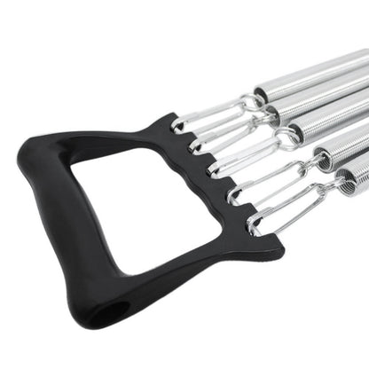 A close-up of a black ergonomic handle connected to multiple silver metal spring-loaded fingers, shown on a plain white background.