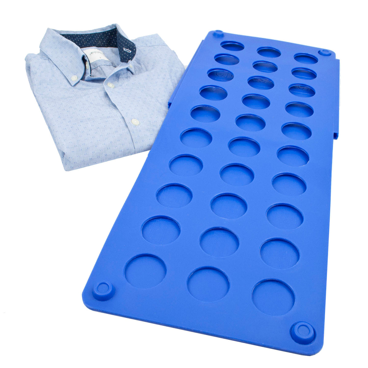 A blue clothes folder with 30 circular cavities, shown next to a folded light blue button-down shirt on a white background.