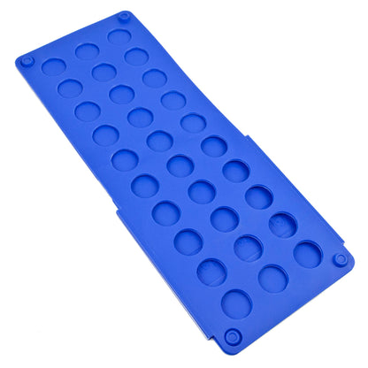 A blue clothes folder with multiple circular cavities, shown at an angle on a plain white background.