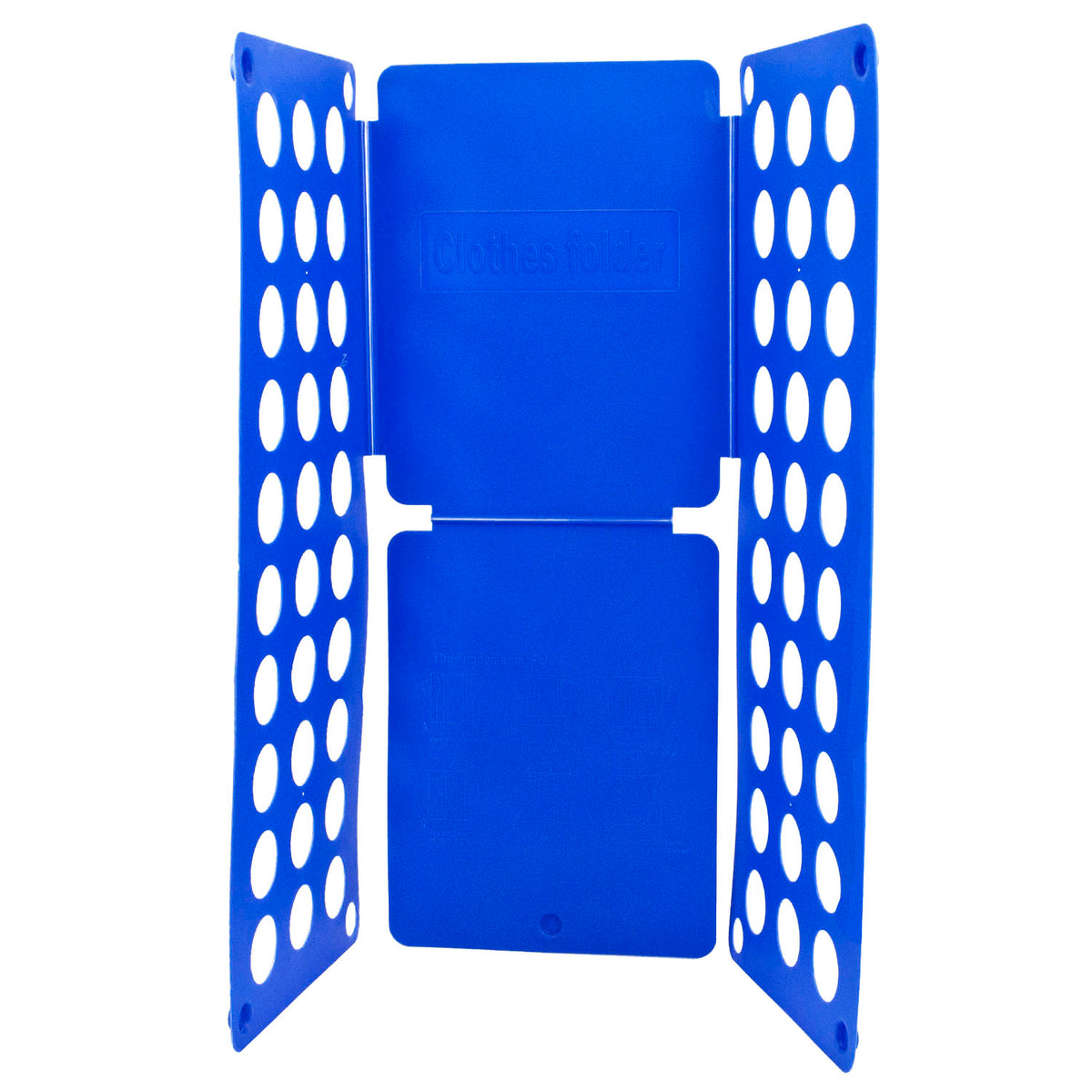 Blue plastic folding laundry and clothes folder with circular cutout holes, shown open against a white background.