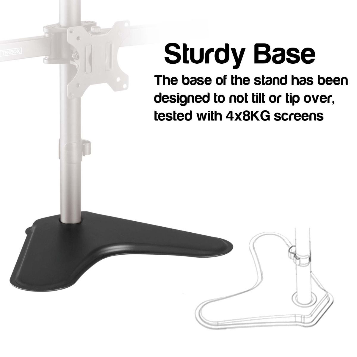 Black wavy-shaped stand base with silver pole shown on a white background, with text reading 'Sturdy Base' and a small line drawing of the base.