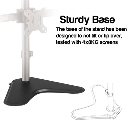 Black wavy-shaped stand base with silver pole shown on a white background, with text reading 'Sturdy Base' and a small line drawing of the base.