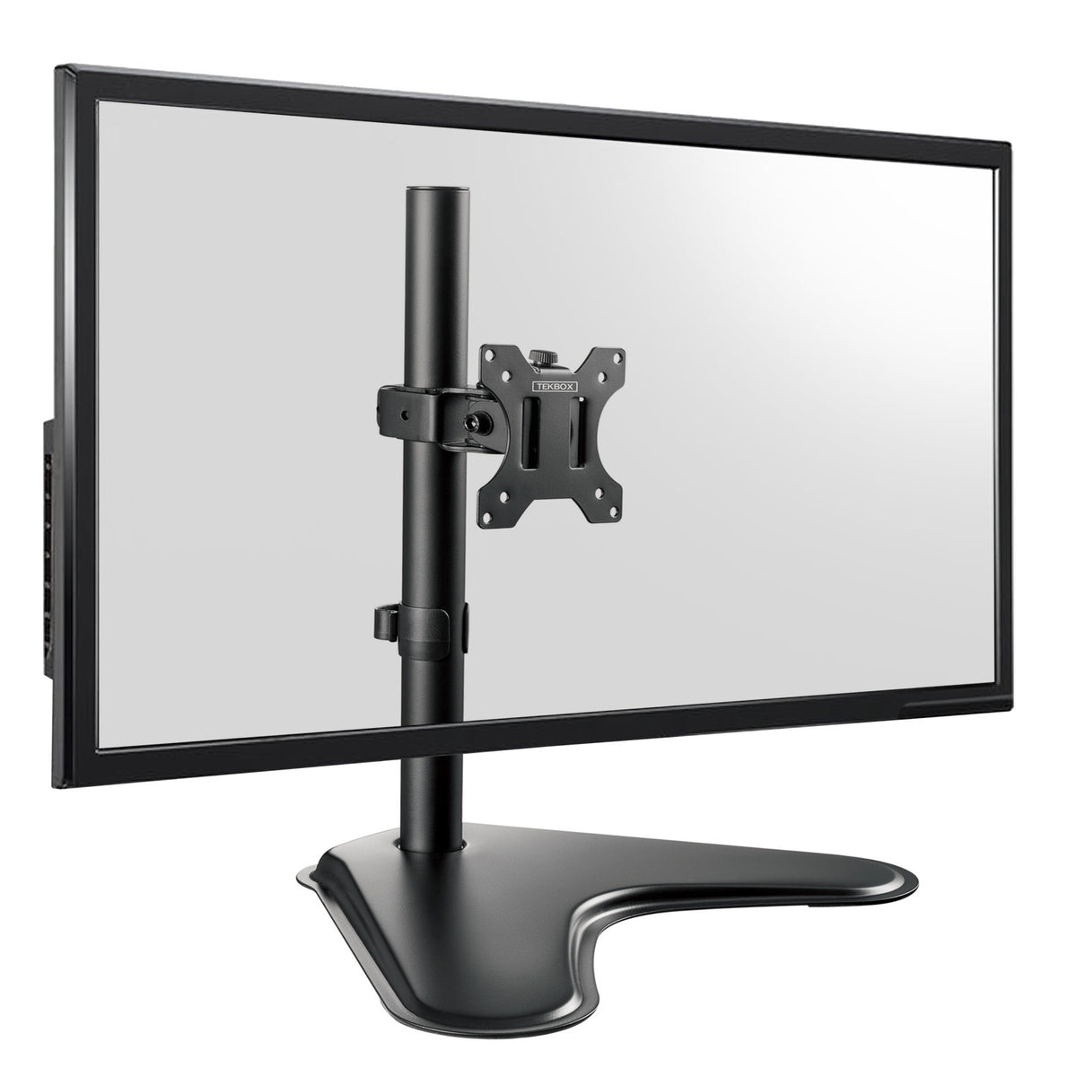 A black computer monitor on a matching adjustable monitor arm stand with a wide curved base, shown against a plain white background.