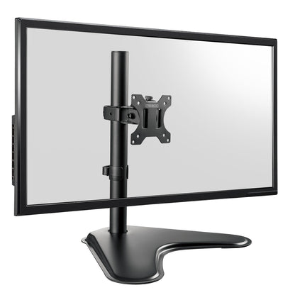 A black computer monitor on a matching adjustable monitor arm stand with a wide curved base, shown against a plain white background.