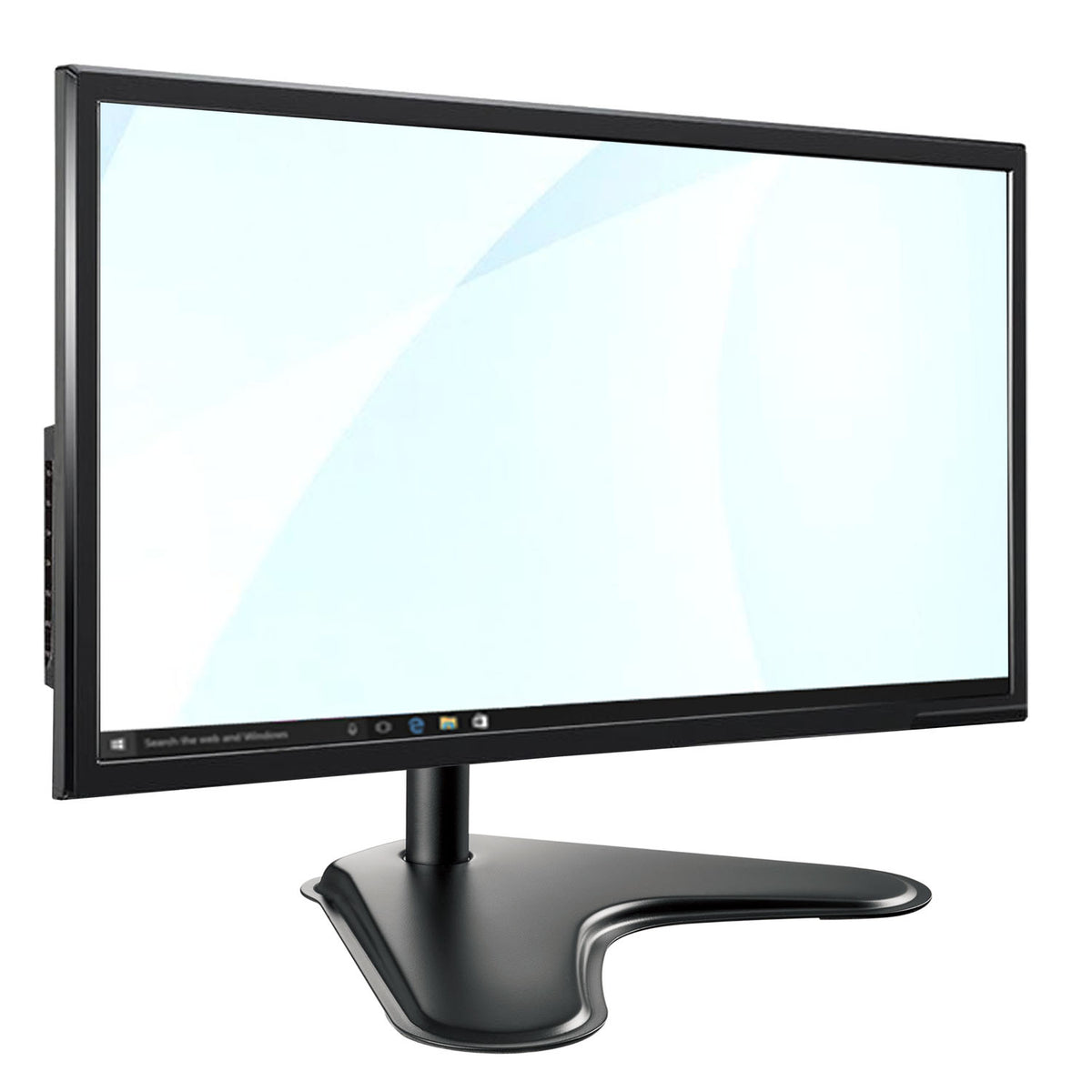 A black computer monitor with a wide aspect ratio and a curved stand, shown on a plain white background.