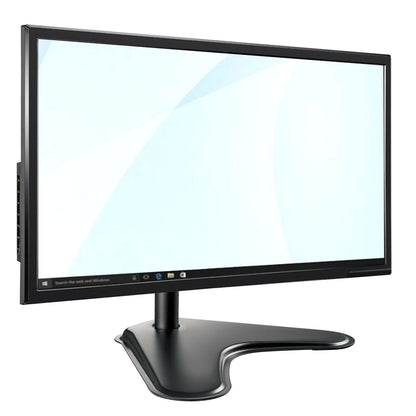 A black computer monitor with a wide aspect ratio and a curved stand, shown on a plain white background.
