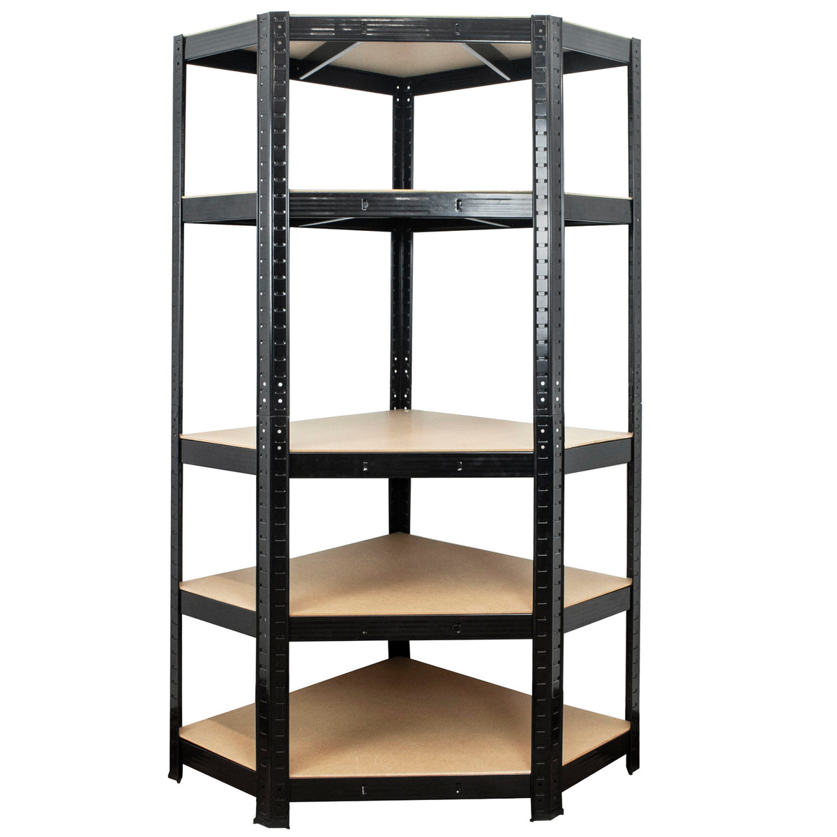 A black metal corner shelving unit with five angled wooden shelves, shown on a plain white background.