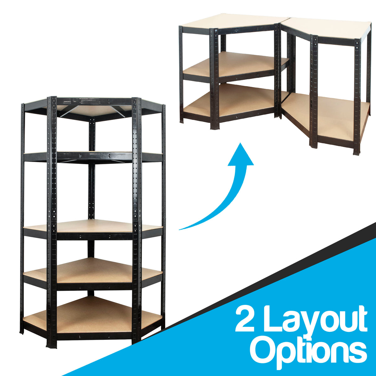 Black metal corner shelving units with beige shelves shown in two layout options, with a blue arrow and the text '2 Layout Options' on a white and blue graphic background.
