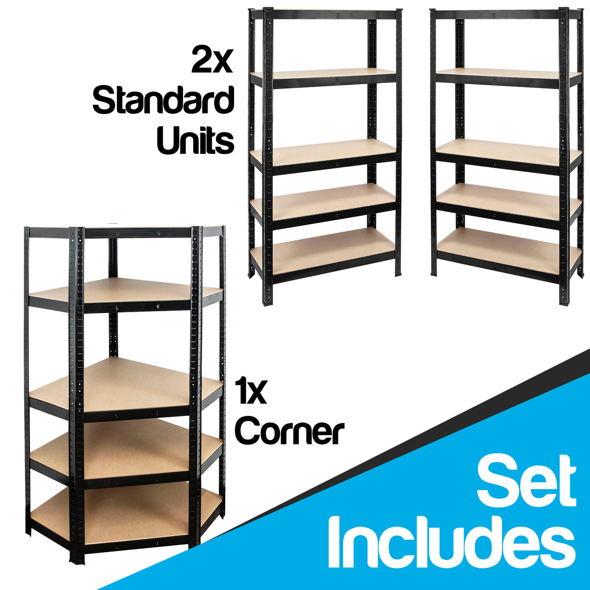 A diagram showing the contents of a corner shelving unit set