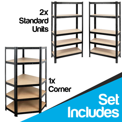 A diagram showing the contents of a corner shelving unit set