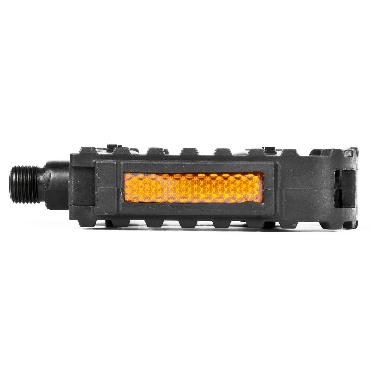 A black bicycle pedal with an integrated orange reflective strip, shown from a side profile view against a plain white background.