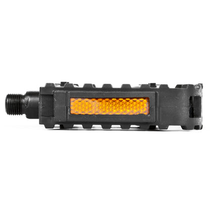 A black bicycle pedal with an integrated orange reflective strip, shown from a side profile view against a plain white background.