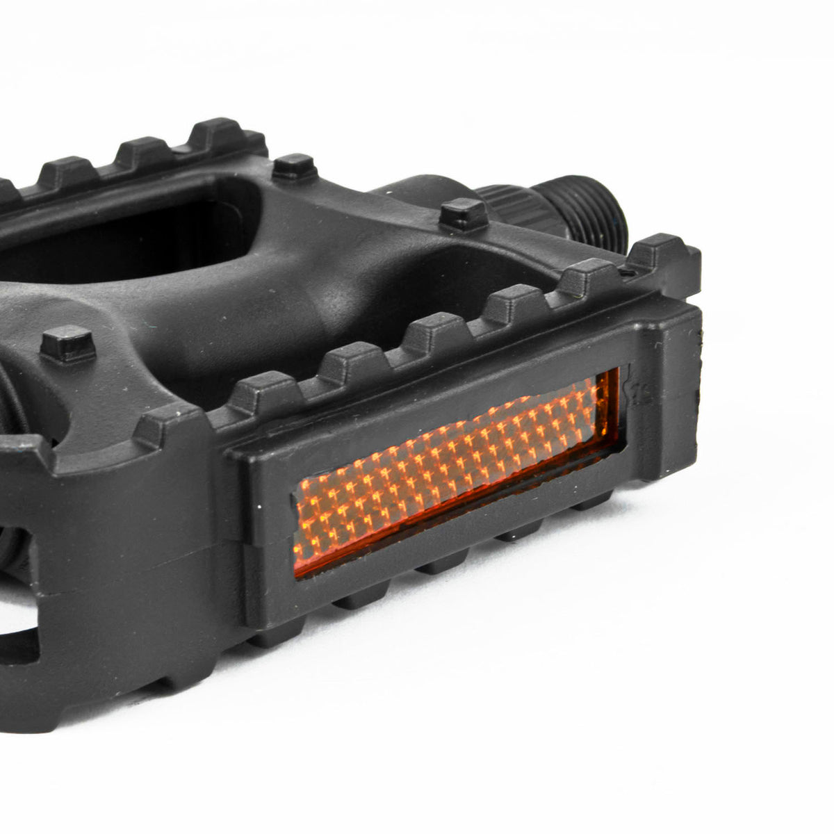 A close-up of a black bicycle pedal with an integrated orange reflective strip, shown on a clean white background.