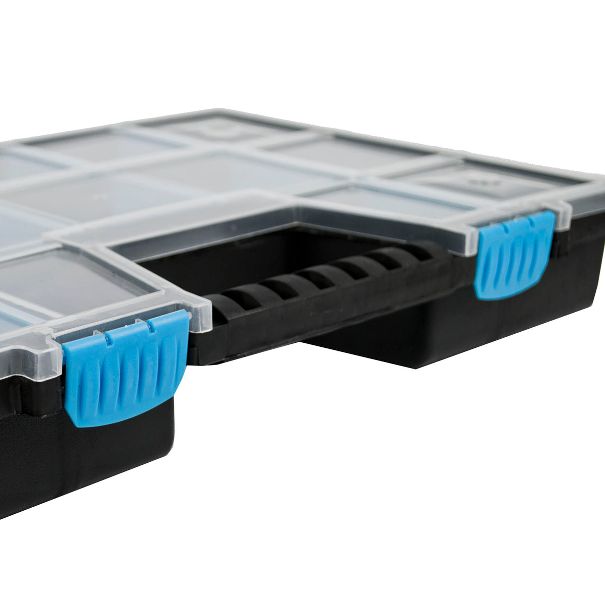 Close-up of a black plastic storage organizer box with translucent gray lids and bright blue latch accents, shown on a white background.