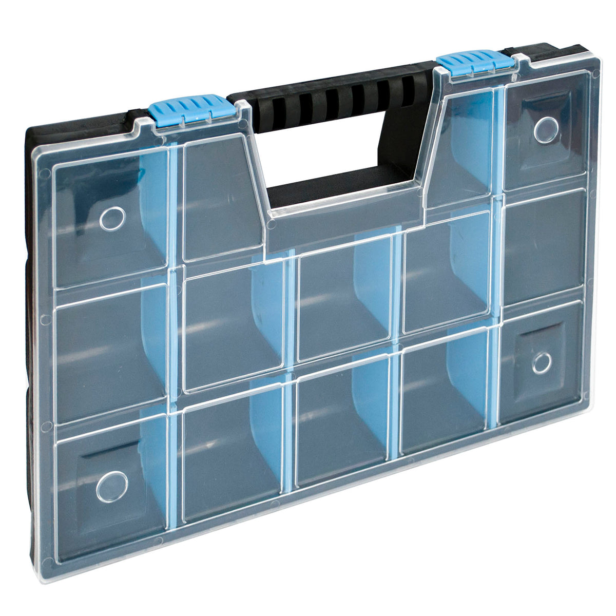 A clear plastic organizer box with multiple small compartments and a black handle with blue dividers, shown on a white background.