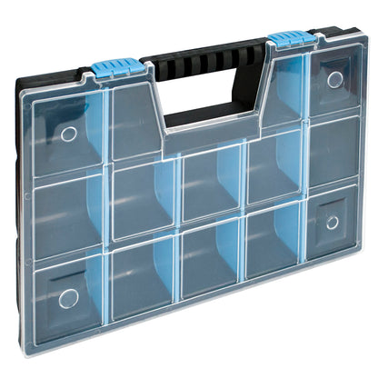 A clear plastic organizer box with multiple small compartments and a black handle with blue dividers, shown on a white background.