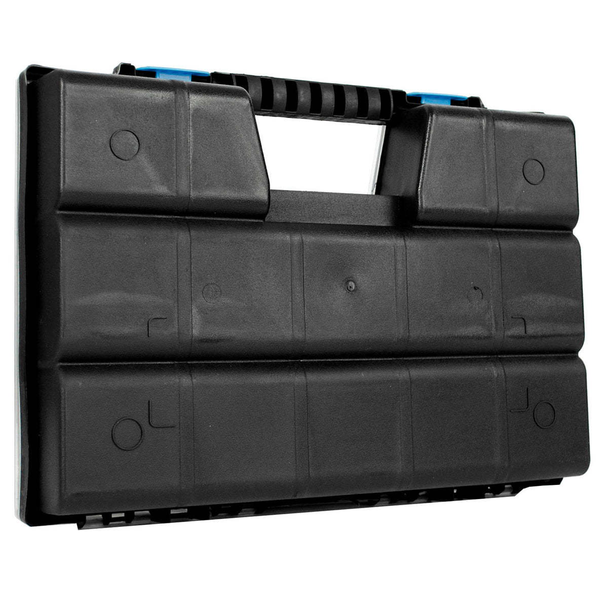 A black heavy-duty plastic toolbox or storage case with a molded handle and blue accents on the top, shown on a white background.