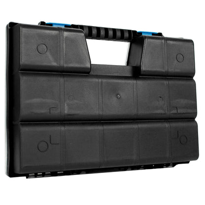 A black heavy-duty plastic toolbox or storage case with a molded handle and blue accents on the top, shown on a white background.