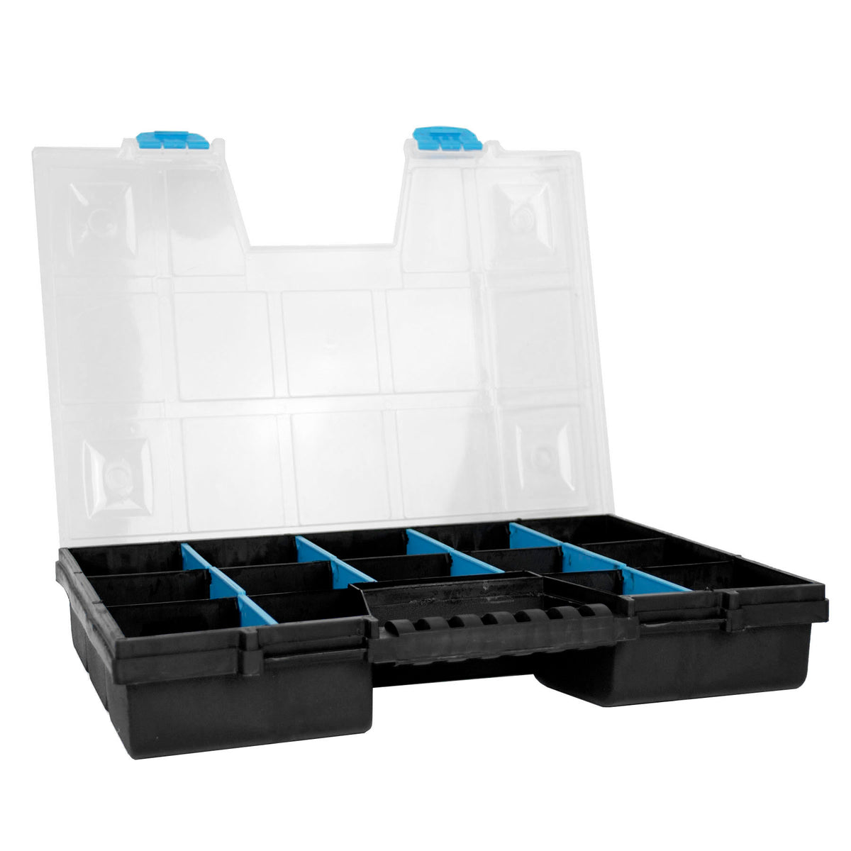 A black plastic tool organizer box with a hinged lid, shown open. The organizer has multiple compartments with blue inserts, and the translucent white lid is propped open against a white background.
