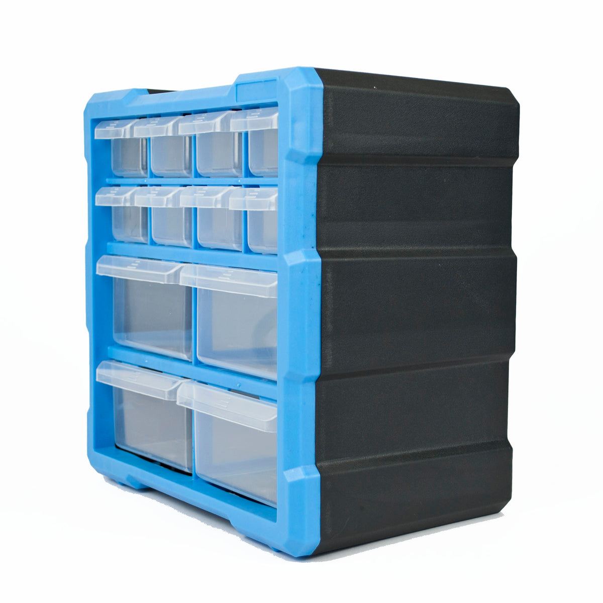 Small storage cabinet with blue frame and clear drawers on a white background
