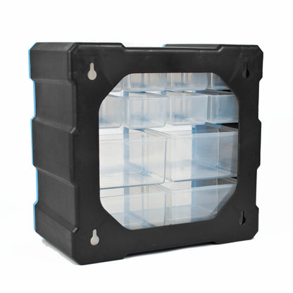 A black plastic organizer box with multiple small transparent storage compartments inside, photographed on a white background.