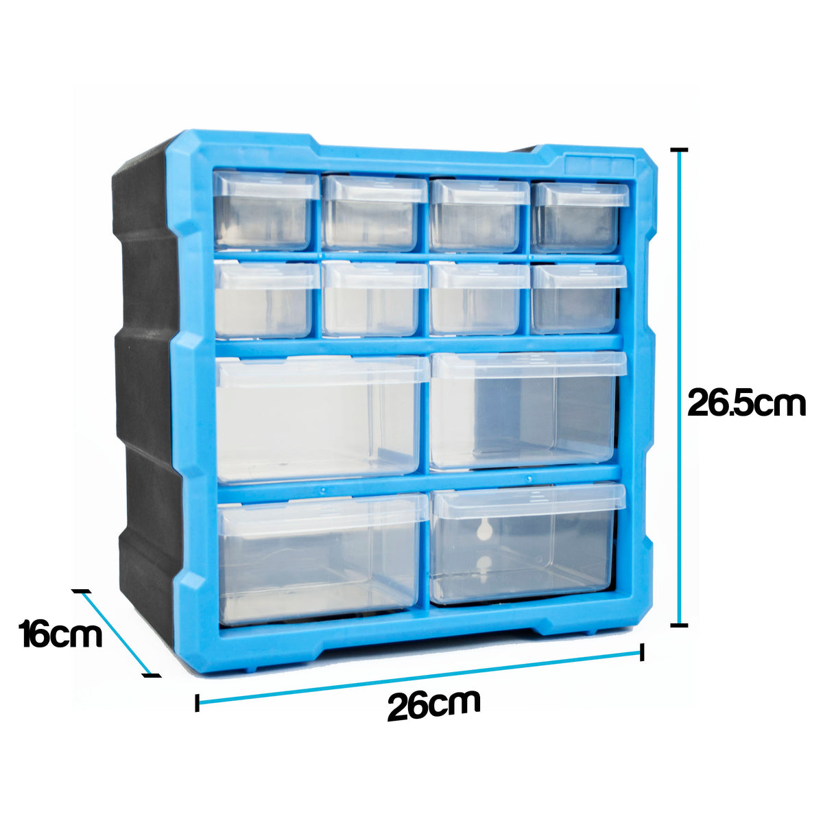 Blue and black plastic organizer box with 12 clear drawer compartments, shown with dimension labels 26.5cm height, 26cm width, and 16cm depth on a white background.