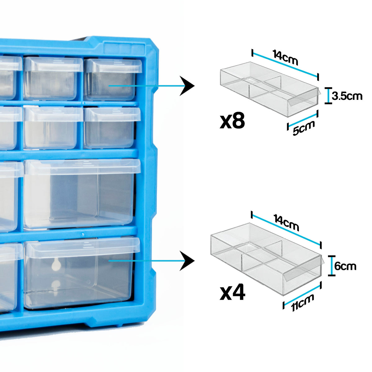 Blue storage unit with clear drawers and measurements on a white background