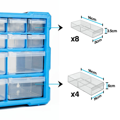 Blue storage unit with clear drawers and measurements on a white background