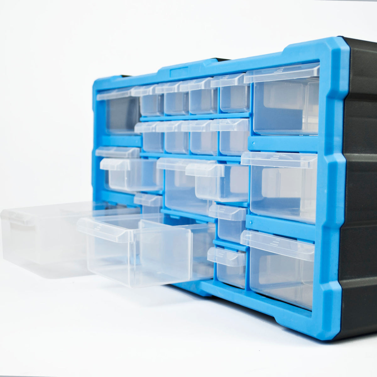 A blue and black plastic drawer organizer with multiple small transparent storage drawers, with several drawers pulled out on a white background.