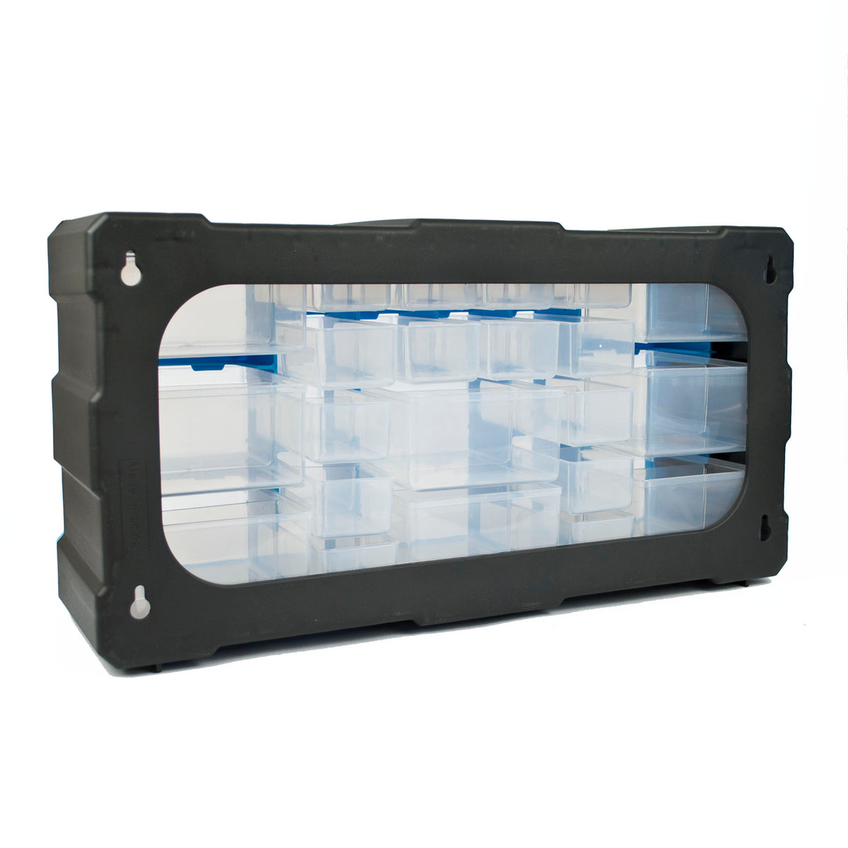 A black plastic storage organizer with a clear front panel showing multiple transparent drawer compartments with blue lids, photographed on a white background.