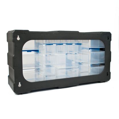 A black plastic storage organizer with a clear front panel showing multiple transparent drawer compartments with blue lids, photographed on a white background.