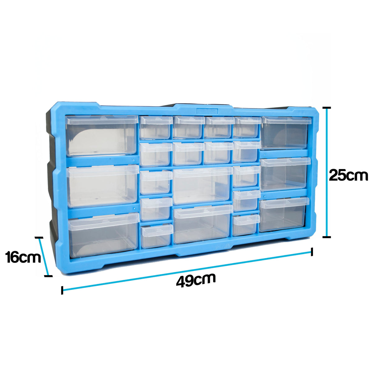 Blue plastic organizer box with multiple clear plastic drawer compartments, shown on a white background with dimension labels indicating 49cm width, 25cm height, and 16cm depth.