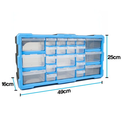 Blue plastic organizer box with multiple clear plastic drawer compartments, shown on a white background with dimension labels indicating 49cm width, 25cm height, and 16cm depth.