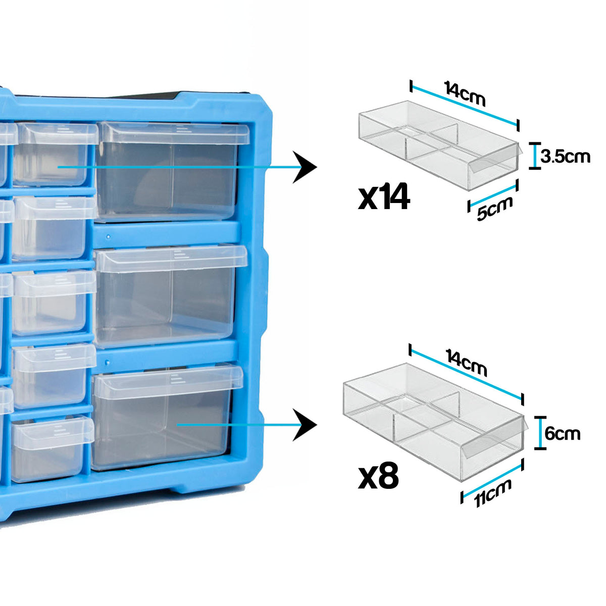 Blue plastic drawer organizer with clear transparent storage bins shown next to dimension diagrams of two bin styles, labeled x14 and x8, with measurements 14cm, 5cm, 3.5cm, and 11cm, 6cm on a white background.