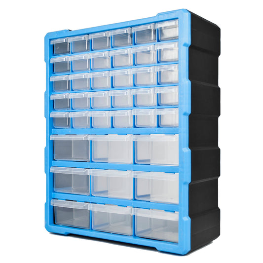 A plastic drawer organizer with a black body, bright blue frame, and multiple clear plastic storage drawers, shown on a plain white background.