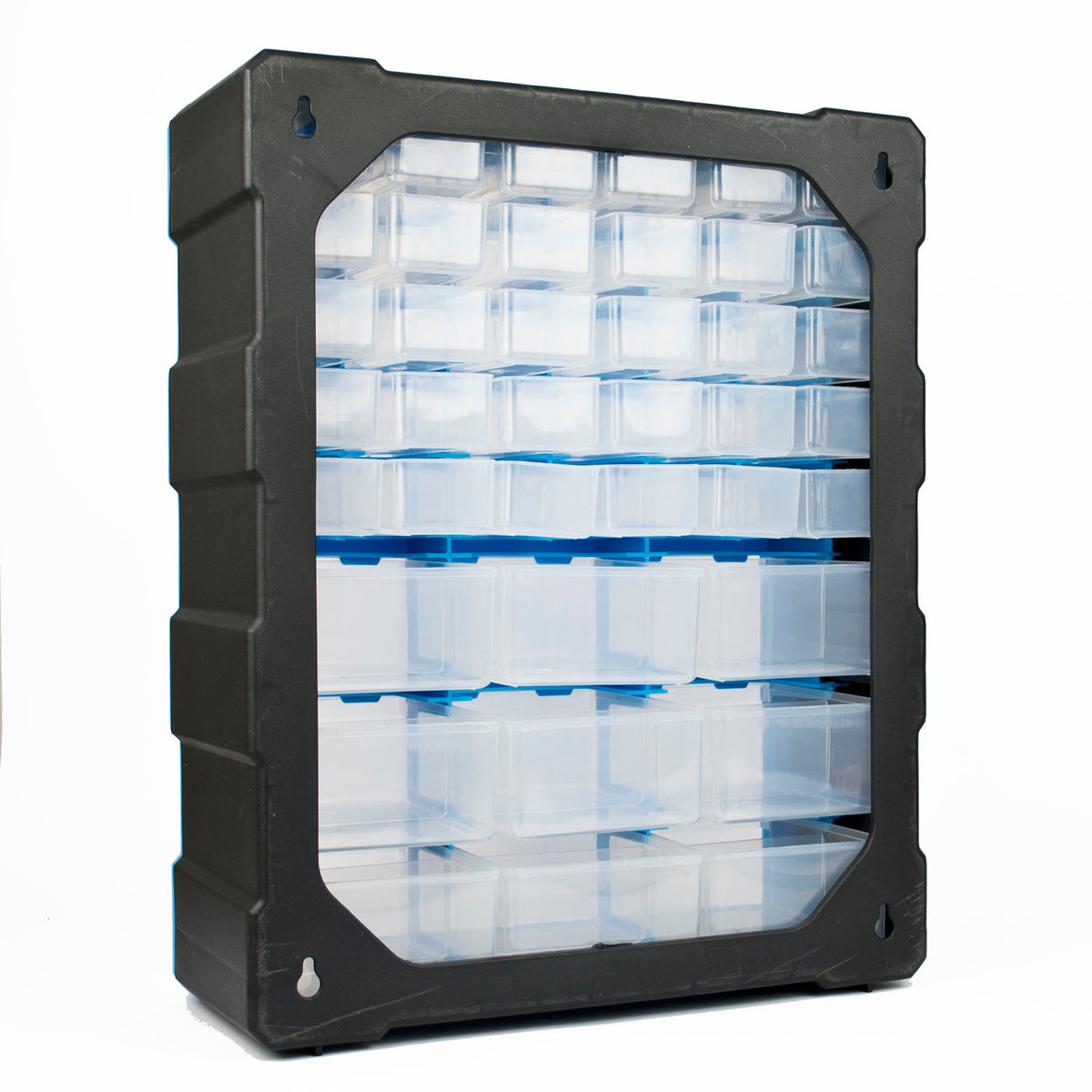 A black plastic wall-mounted organizer cabinet with a transparent front panel showing multiple small clear storage bins with blue lids, photographed on a white background.