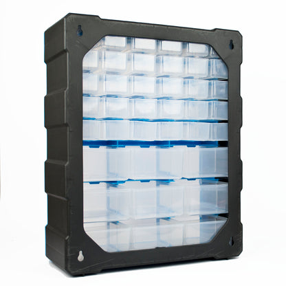 A black plastic wall-mounted organizer cabinet with a transparent front panel showing multiple small clear storage bins with blue lids, photographed on a white background.
