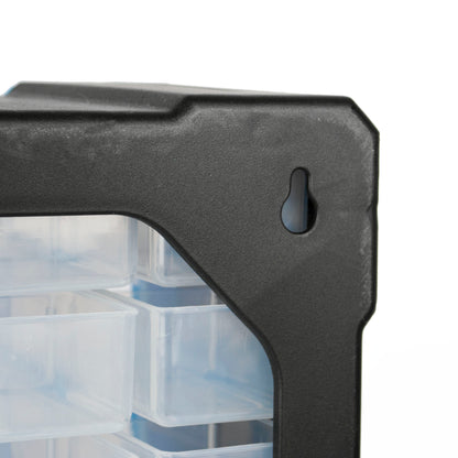 Close-up of the top-left corner of a black plastic organizer frame with a clear plastic drawer compartment visible below, on a white background.
