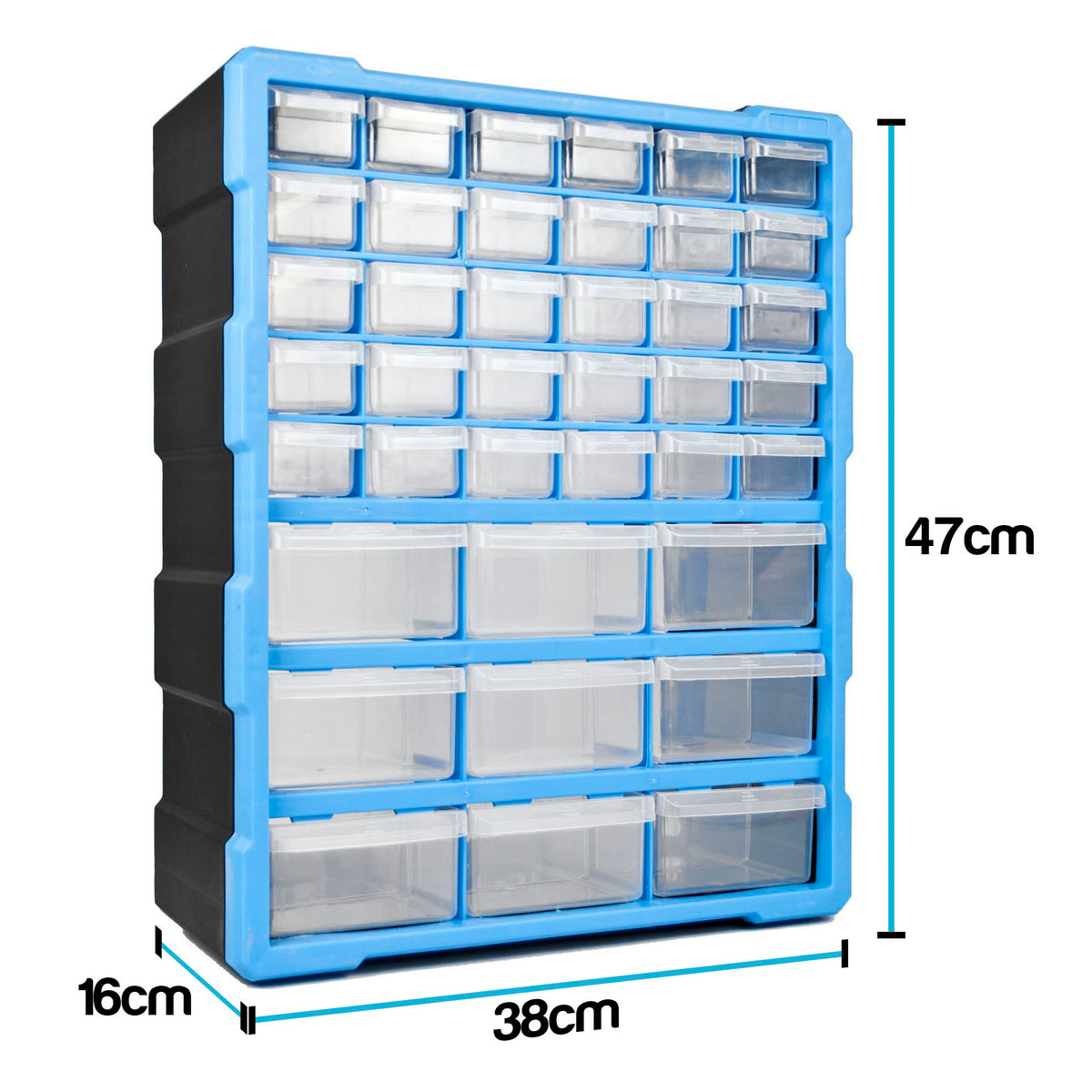 A plastic storage organiser with dimension labels