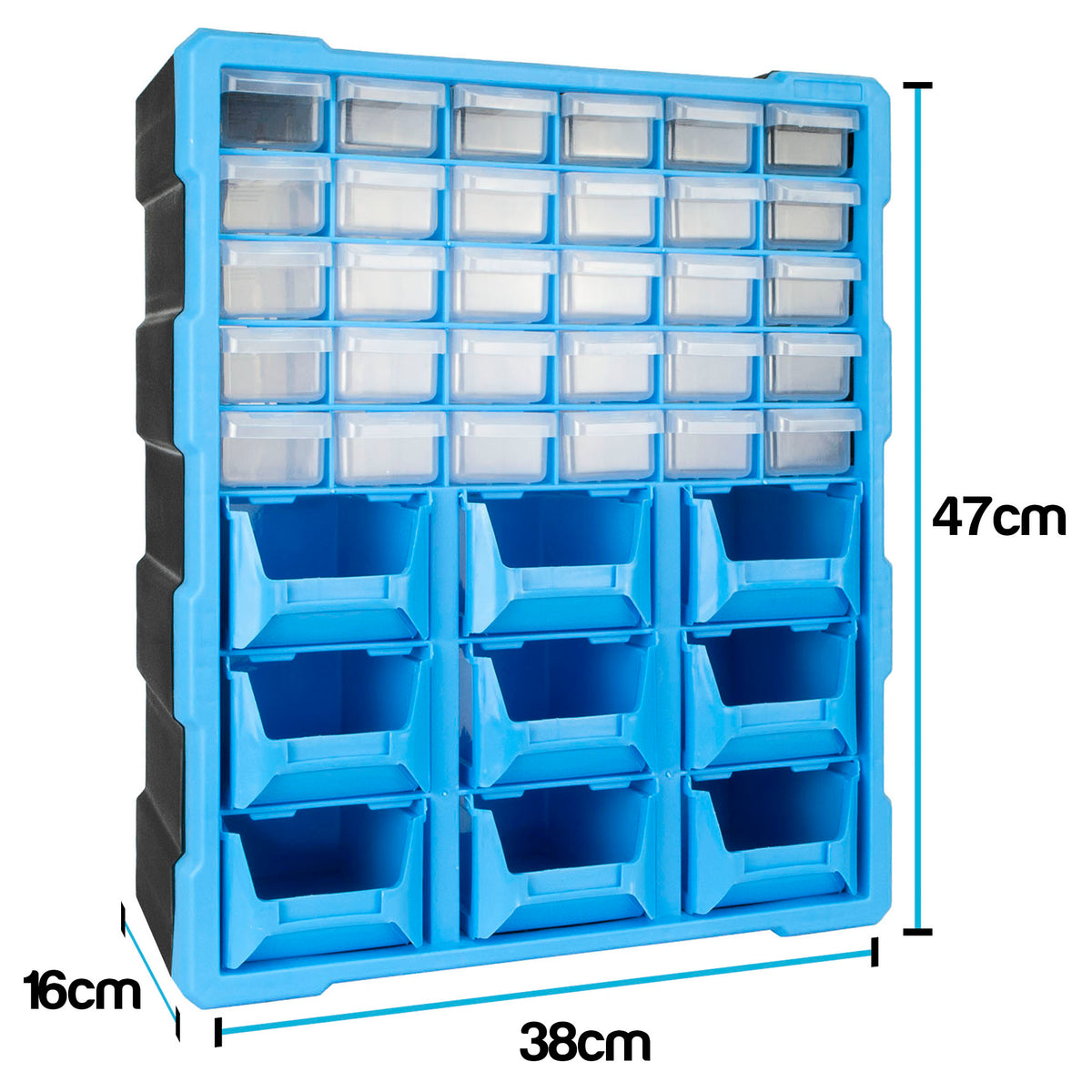 Blue plastic wall-mounted organizer rack with multiple small drawer and open bin compartments, shown with dimension labels 47cm height, 16cm width, and 38cm depth on a white background.