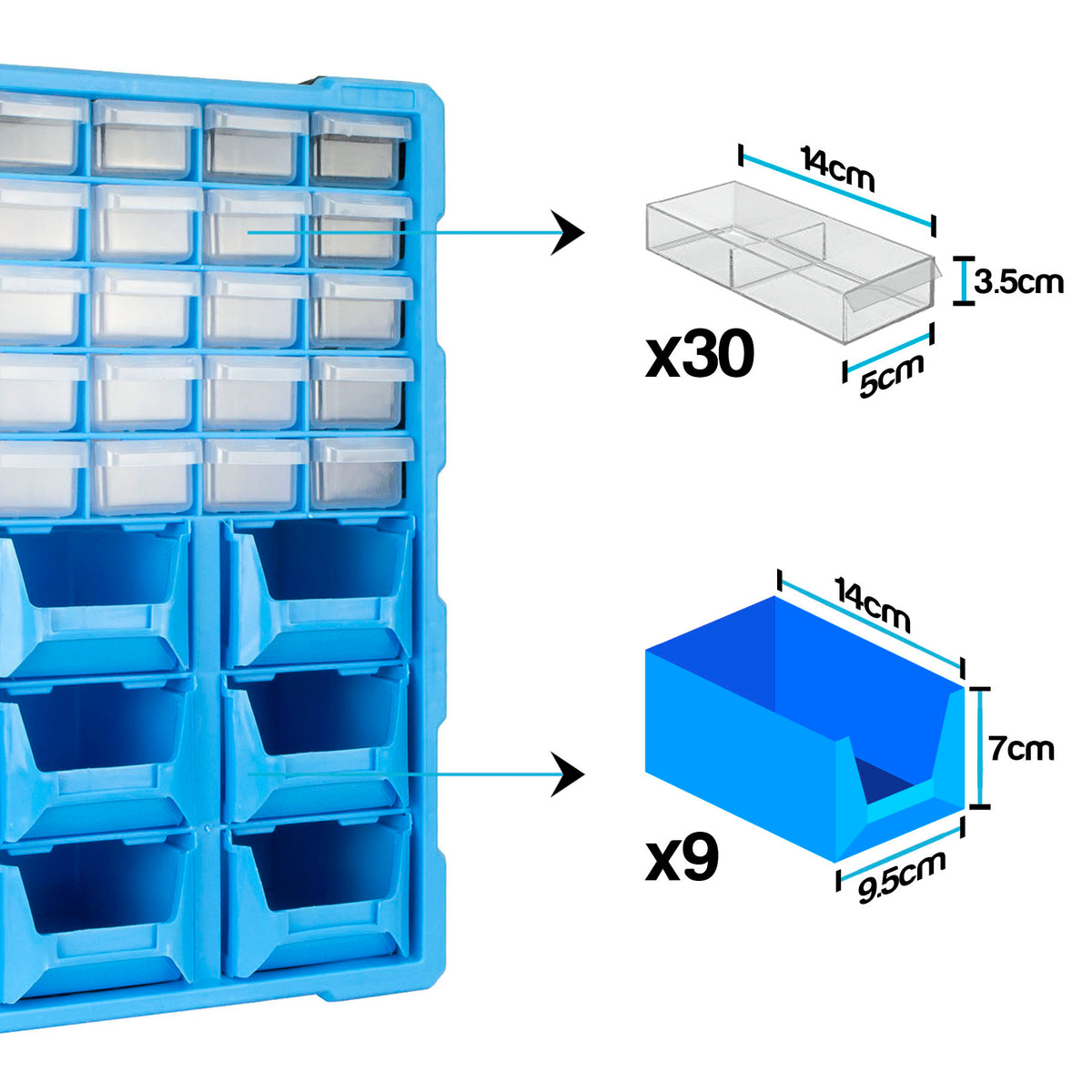 Blue plastic organizer tray with small transparent drawer bins and open storage compartments, shown alongside dimension callouts for a clear rectangular drawer (14cm x 5cm x 3.5cm, quantity 30) and a blue open bin (14cm x 9.