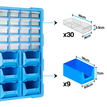 Blue plastic organizer tray with small transparent drawer bins and open storage compartments, shown alongside dimension callouts for a clear rectangular drawer (14cm x 5cm x 3.5cm, quantity 30) and a blue open bin (14cm x 9.